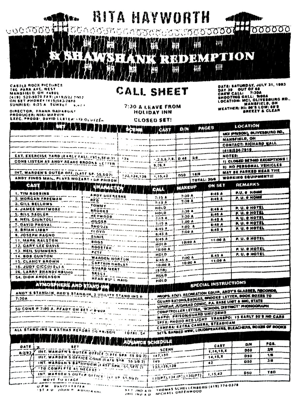Rita Hayworth & Shawshank Redemption Call Sheet T-Shirt