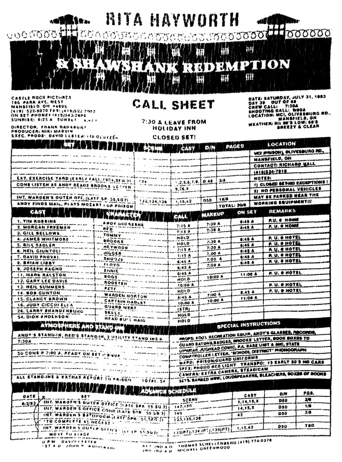 Rita Hayworth & Shawshank Redemption Call Sheet T-Shirt