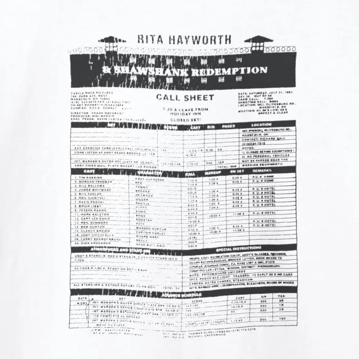 Rita Hayworth & Shawshank Redemption Call Sheet T-Shirt